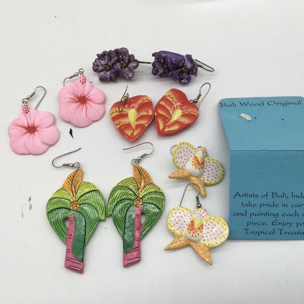 Hand painted Wood Earrings From Bali Floral Tropical Lot Of 5 Beach